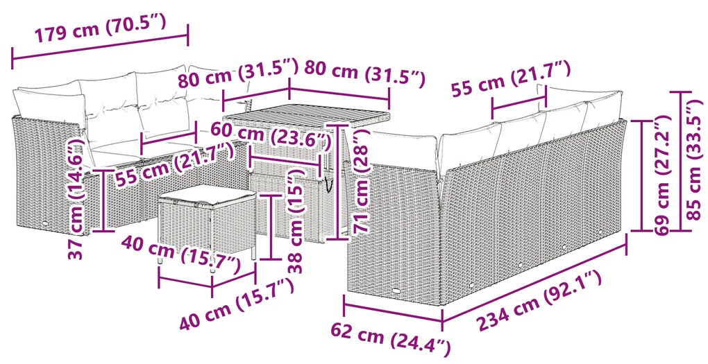 Conjunto de Sofás para Jardim de 10 Peças com Almofadas Cinza Rattan P