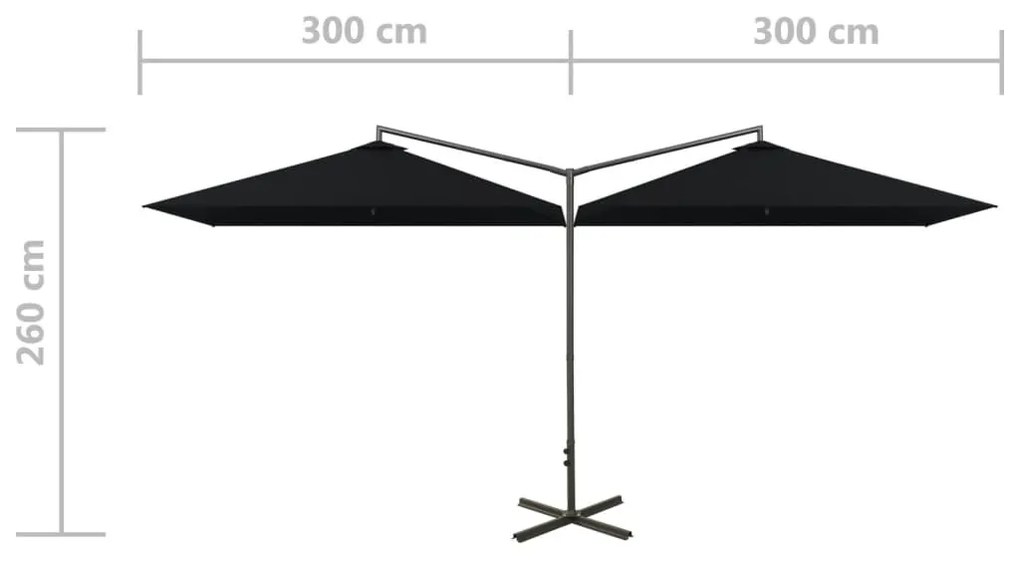 Guarda-sol duplo com mastro de aço 600x300 cm preto