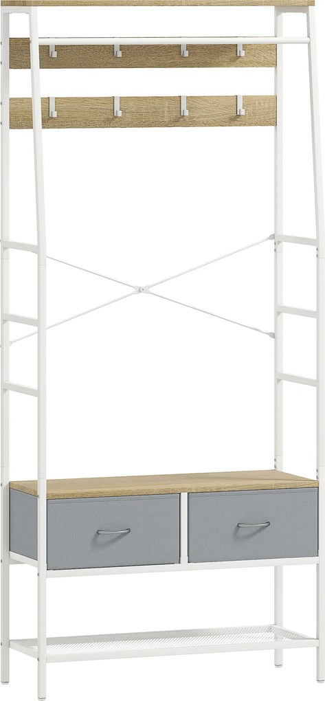Móvel Cabide de Entrada com Banco Sapateira 8 Ganchos 2 Gavetas de Tecido Barra Prateleira 80x30x180,5 cm Branco e Madeira
