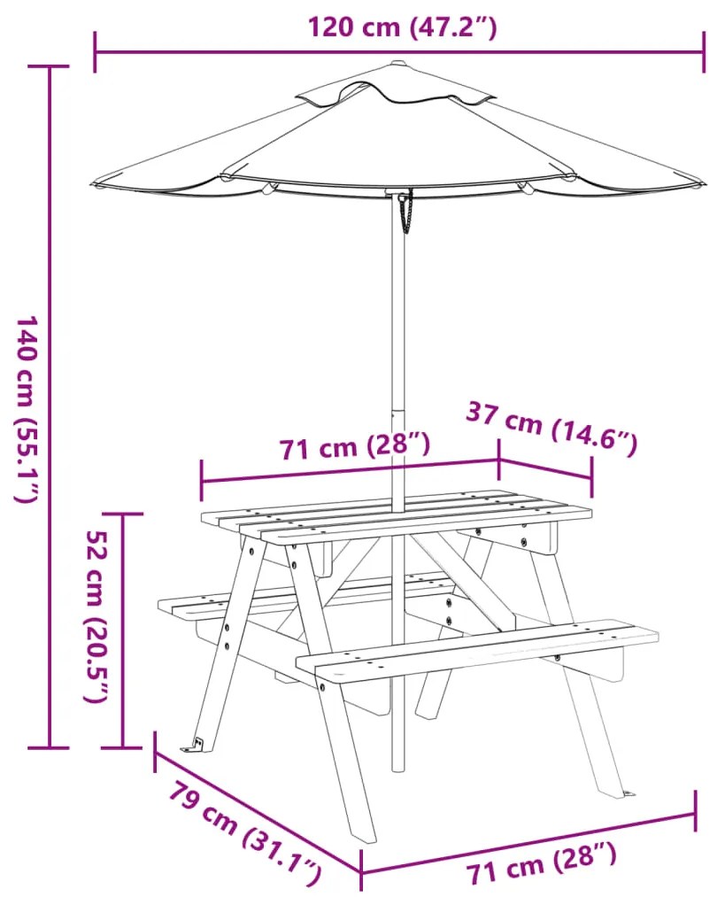 Mesa de piquenique para 4 crianças com guarda-sol abeto maciço