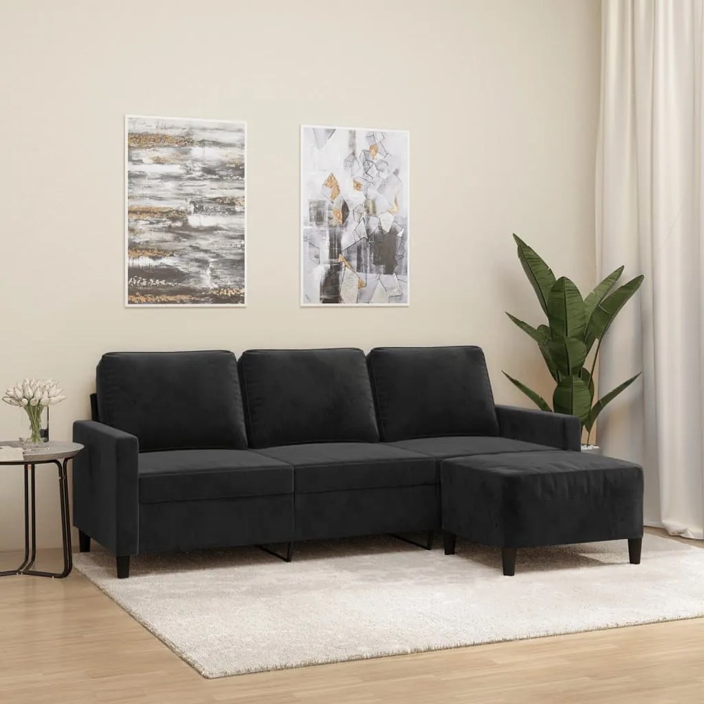 Sofá Hope Chaise Longue -  Com Apóio de Pés - Cor Preto - Em Veludo -