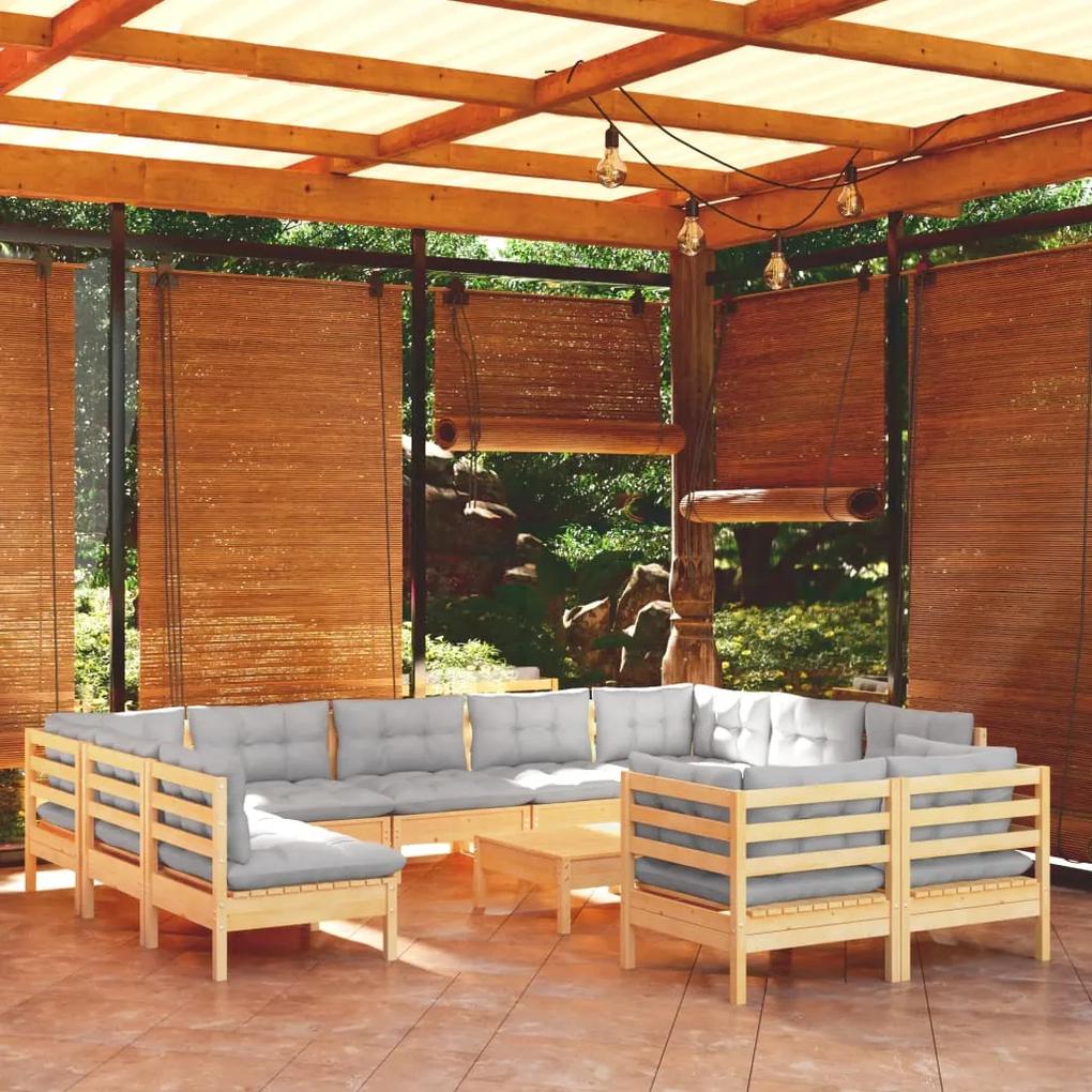 12pcs conjunto lounge de jardim + almofadões cinza pinho maciço