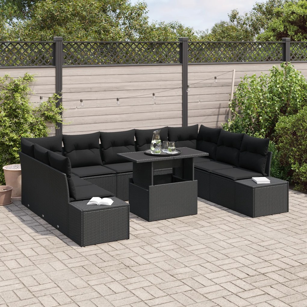 Conjunto de Sofás de Jardim com 10 Peças e Almofadas em Rattan Preto