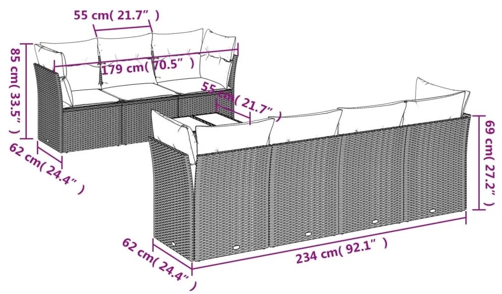 8 pcs conjunto de sofás p/ jardim com almofadões vime PE bege