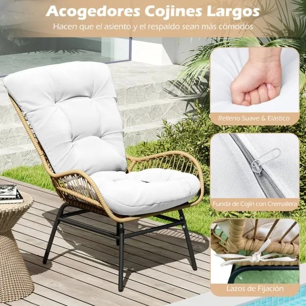 Cadeira de jardim em rattan com almofada grossa XXL Cadeira de terraço para jardim Capacidade até 180 kg Branco