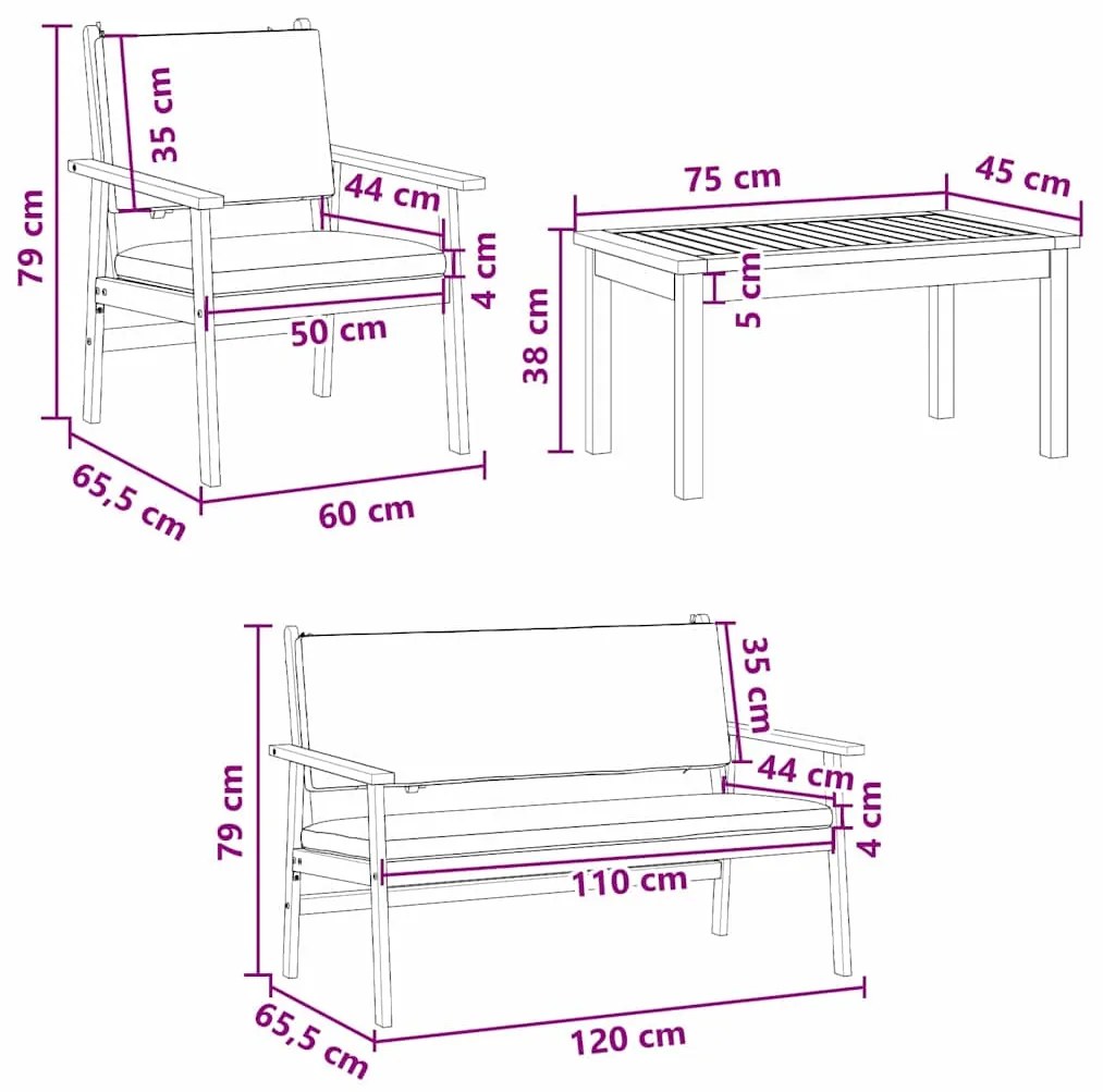 Conjunto de Sofá de Jardim de 5 Peças com Almofadas em Madeira Sólida