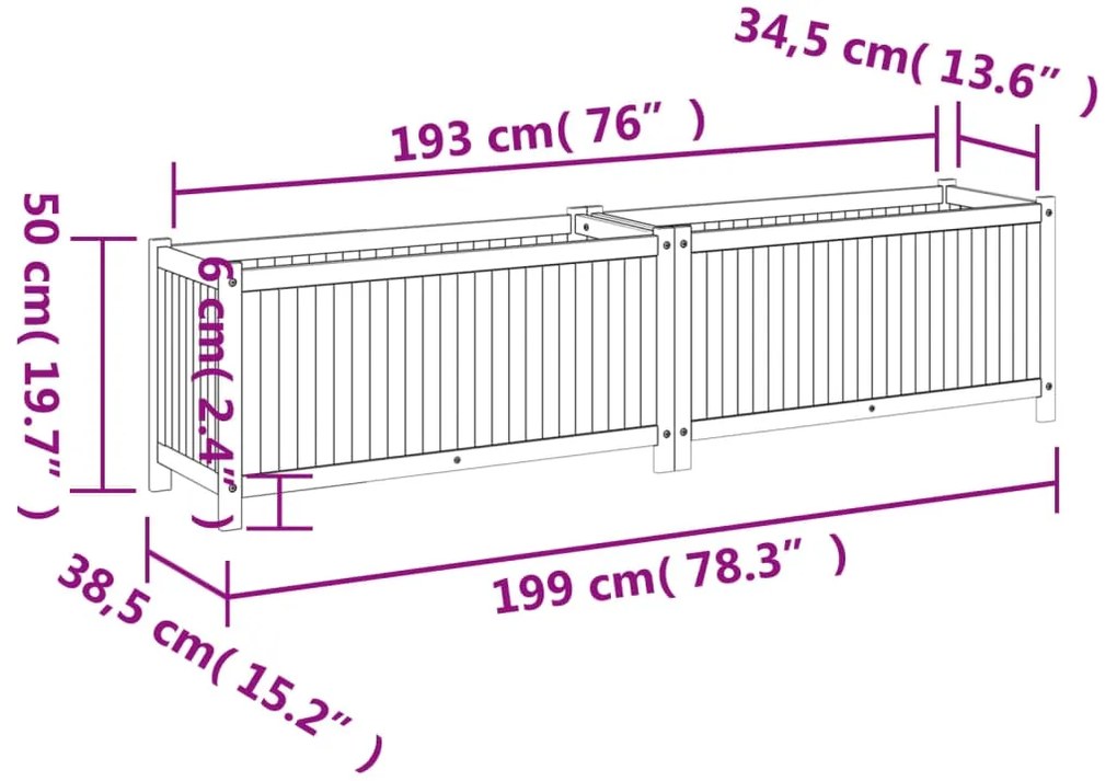 Vaso/floreira de jardim com forro 199x38,5x50 cm acácia maciça