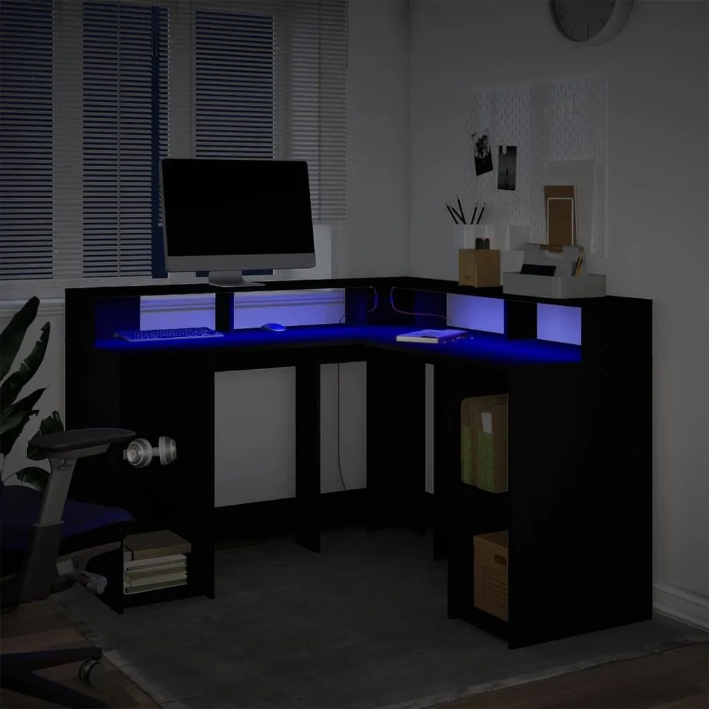 Secretária c/ luzes LED 130x130x91 cm derivados madeira preto