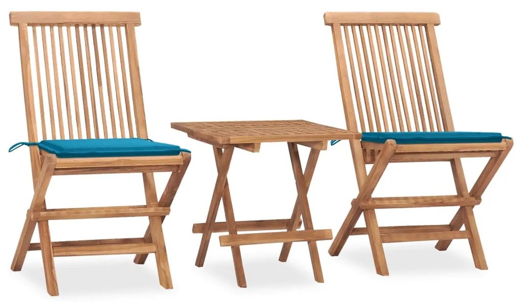 vidaXL 3 pcs conj. jantar dobrável exterior c/ almofadão teca maciça