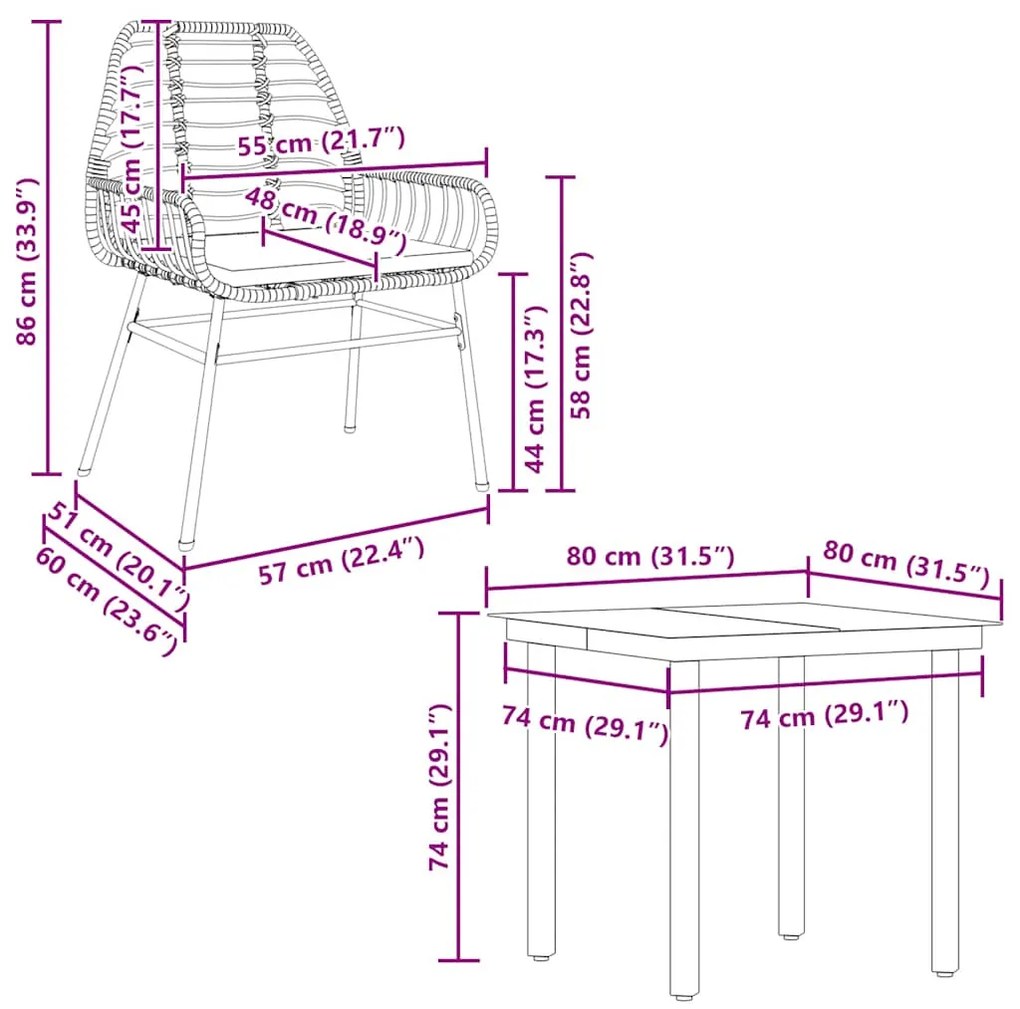 Conjunto jantar jardim 5 peças almofadas vidro vime PE castanho