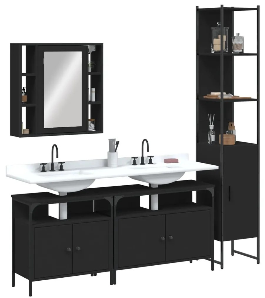 vidaXL 4 pcs conjunto móveis casa de banho derivados de madeira preto