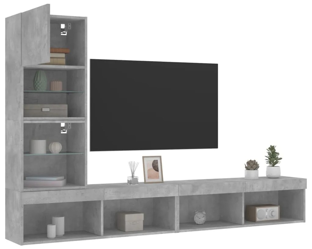 vidaXL 4 pcs móveis parede p/ TV c/ LEDs deriv. madeira cinza cimento