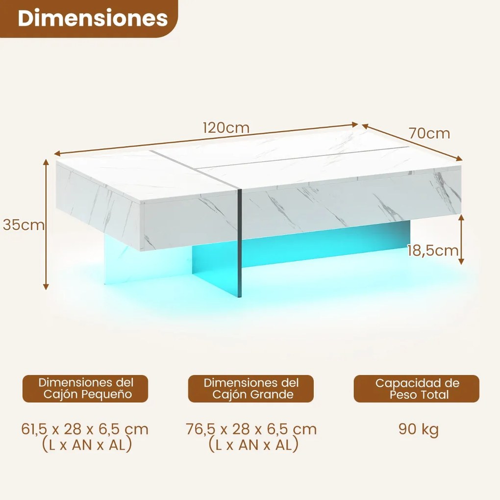 Mesa de centro 120 x 70 x 35 cm moderna com LED com 3 gavetas de arrumação, para sala de estar, branca