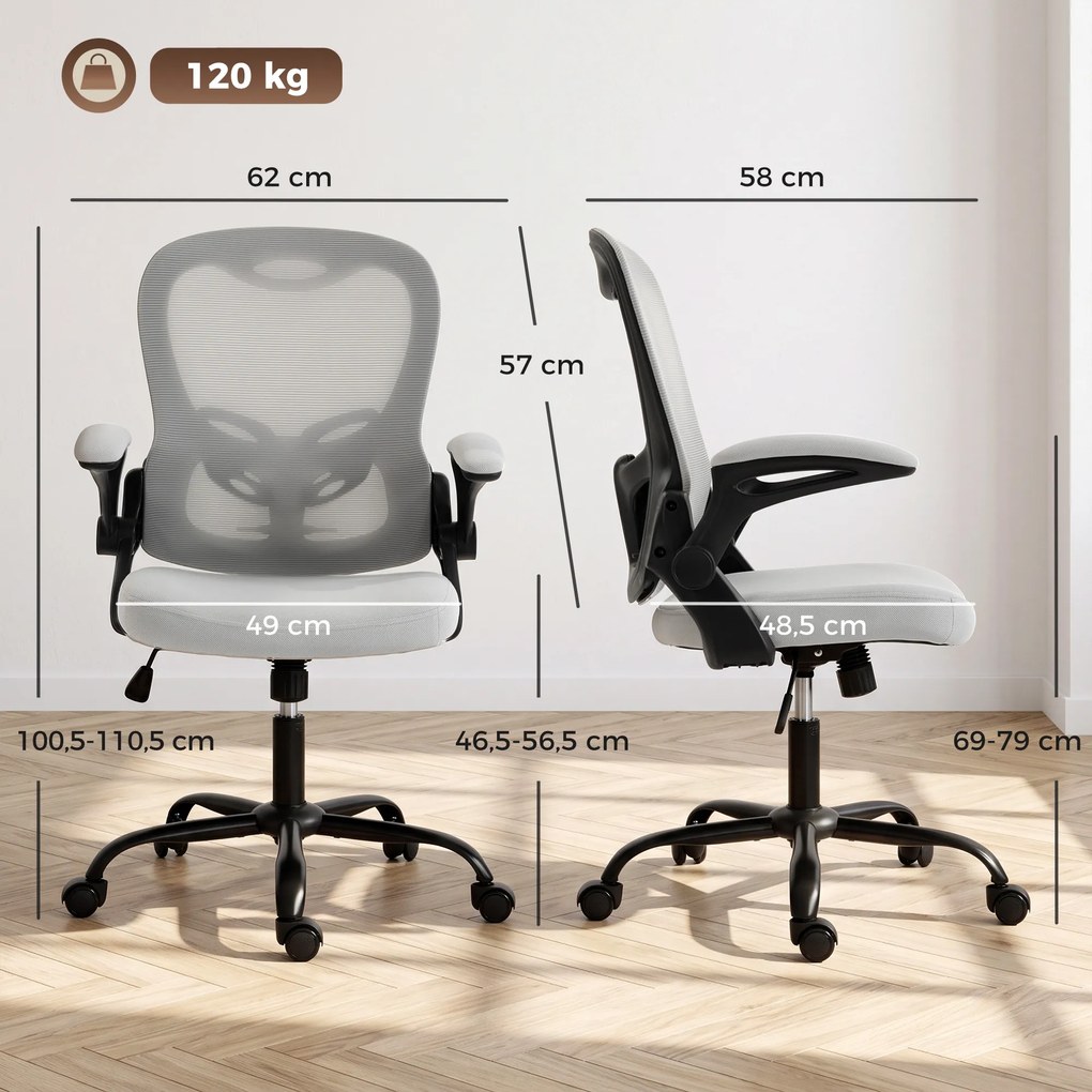Cadeira de escritório ergonómica, cadeira de escritório em malha, braços rebatíveis, altura ajustável, função de balanço, cinzenta