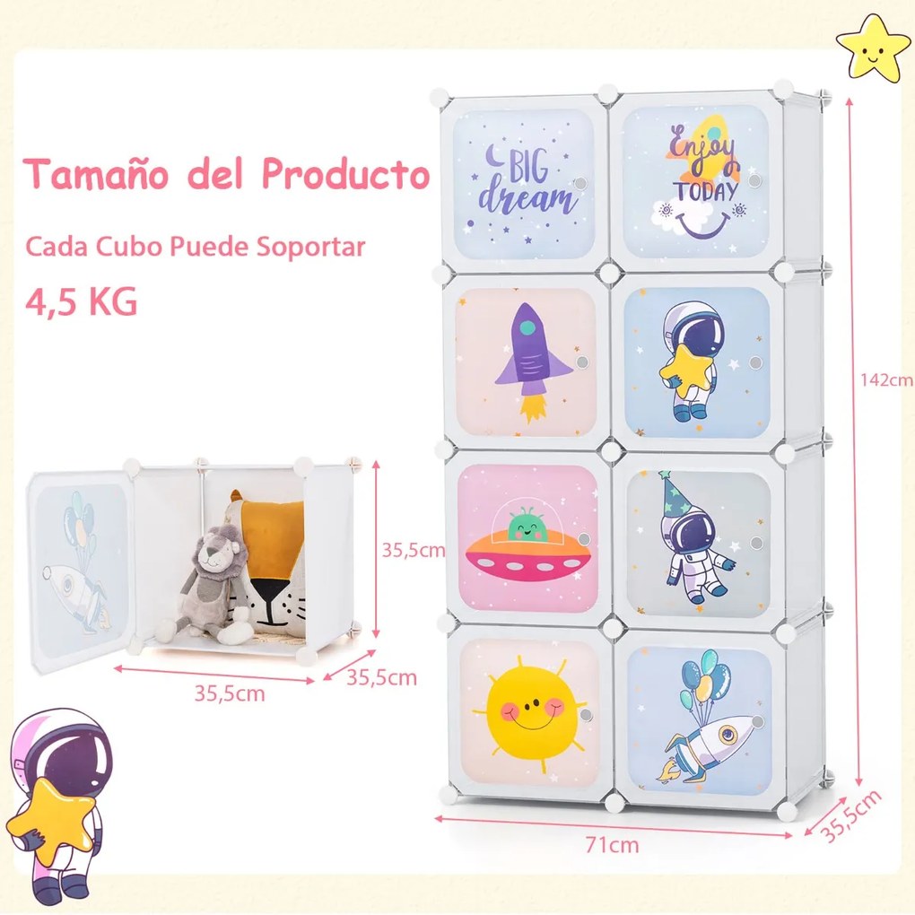 Guarda roupa infantil portátil 71 x 35,5 x 142 cm com 8 cubos com 2 secções para pendurar roupa 71 x 35,5 x 142 cm Branco