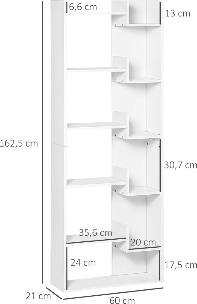 Estante com 6 prateleiras, design irregular, para sala de estar, quarto, escritório, 60 x 21 x 162,5 cm, branca