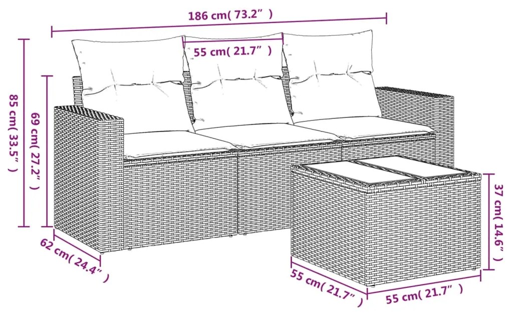 4 pcs conjunto sofás de jardim c/ almofadões vime PE castanho