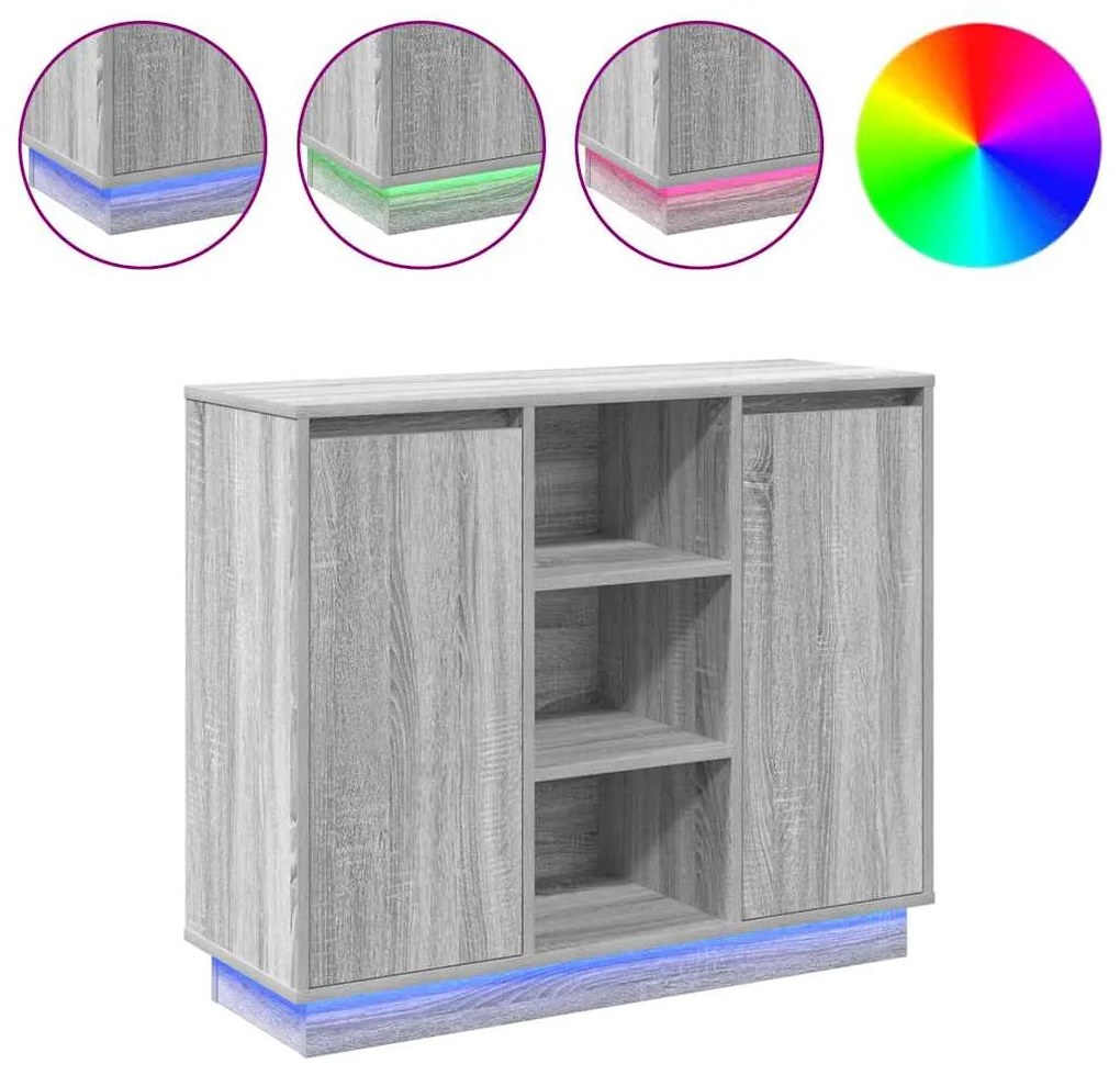 Sideboard com LED Cinza Sonoma 90x32x75 cm Madeira de Engenharia