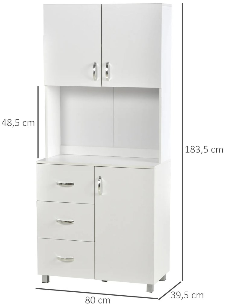 HOMCOM Armário de Armazenamento de Cozinha Armário Alto com 3 Gavetas 3 Portas e Prateleiras Interiores Ajustáveis móvel Auxiliar para Sala de Jantar Sala de Estar 80x39,5x183,5cm Branco