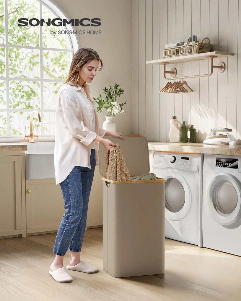 Cesto para roupa suja 90 litros com saco removível, castanho-camelo