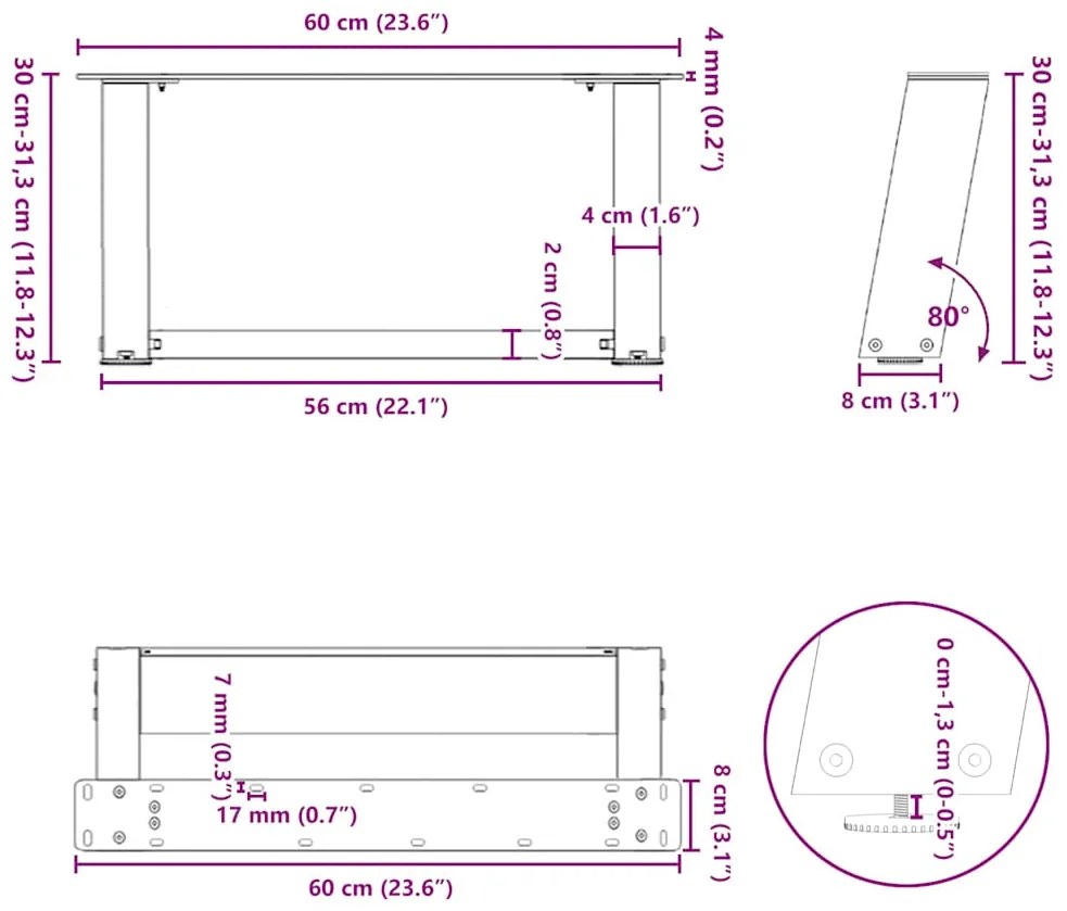 Pés para mesa de centro em formato de U, 2 peças, branco, 60x(30-31) c