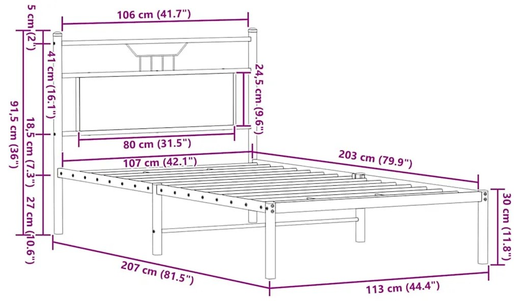 Estrutura de cama sem colchão 107x203 cm carvalho fumado