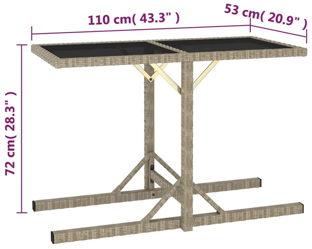 Mesa de jardim 110x53x72 cm vidro e vime PE bege