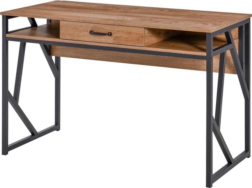 Secretária de estilo industrial, 120 x 60 x 76 cm, com gaveta + 2 nichos, base em metal preto, tampo com acabamento em madeira cor de nogueira