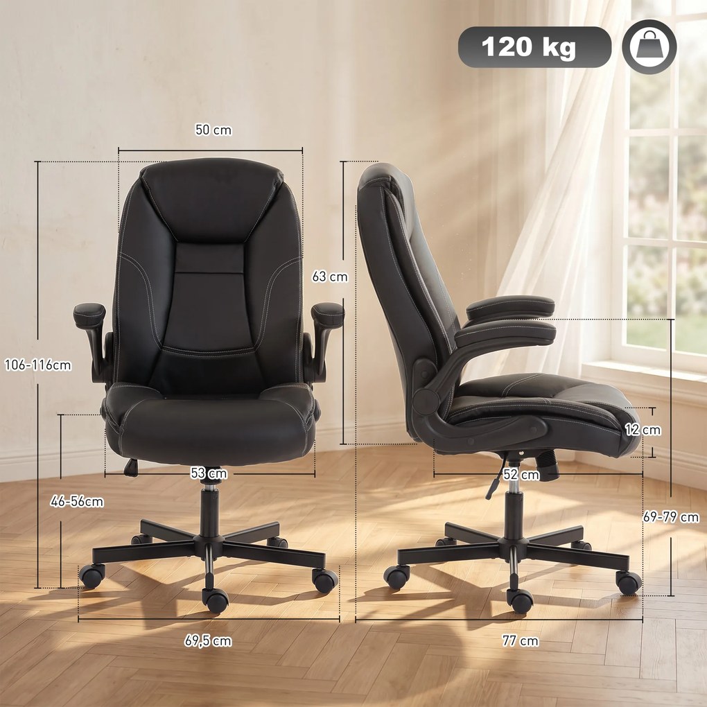 Cadeira de escritório ergonómica, com braços rebatíveis, altura ajustável, função de balanço, preta