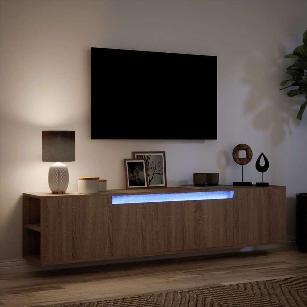 Móvel parede p/ TV c/ luzes LED 180x31x39,5cm carvalho castanho