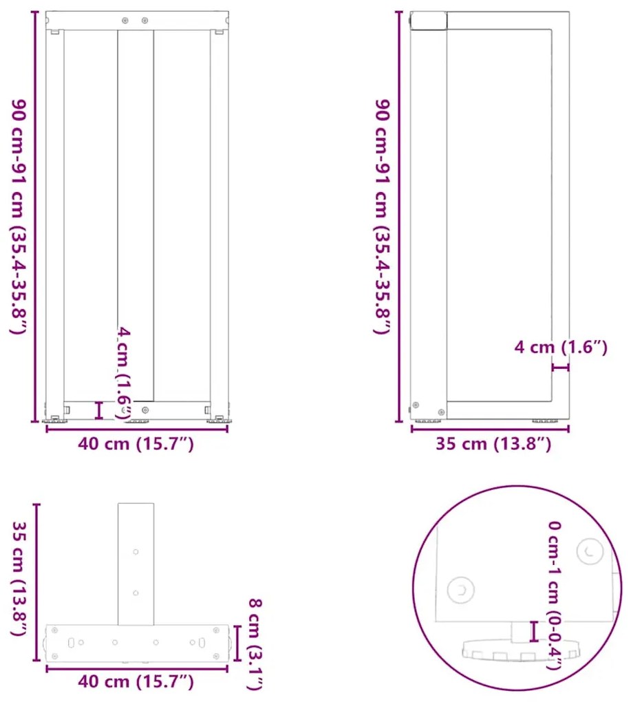 Pés de mesa de bar em forma de T, 2 peças, preto, 40x35x(90-91) cm, aç