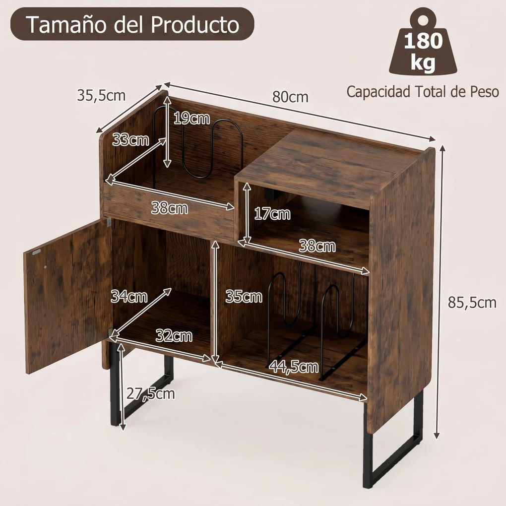 Móvel para Gira-Discos, 80 x 35,5 x 85,5 cm, Estação de Carregamento Integrada, Castanho