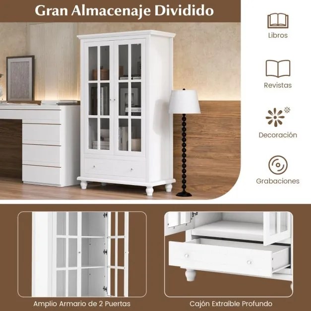 Estante arrumação com portas de vidro temperado e estante ajustável para escritório e sala de estar 80 x 40 x 139 cm Branco