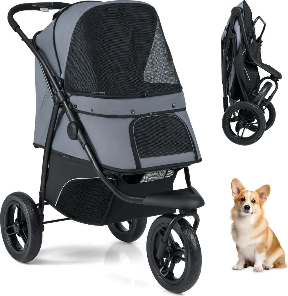 Carrinho de 3 rodas para cães pequenos e médios dobrável para animais de estimação com rodas todo-o-terreno Travão Capota ajustável Cinza