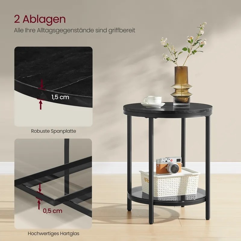 Mesa auxiliar de 2 níveis 45 x 55 cm (Ø x A) com estrutura preta e tampo preto com efeito mármore Preta