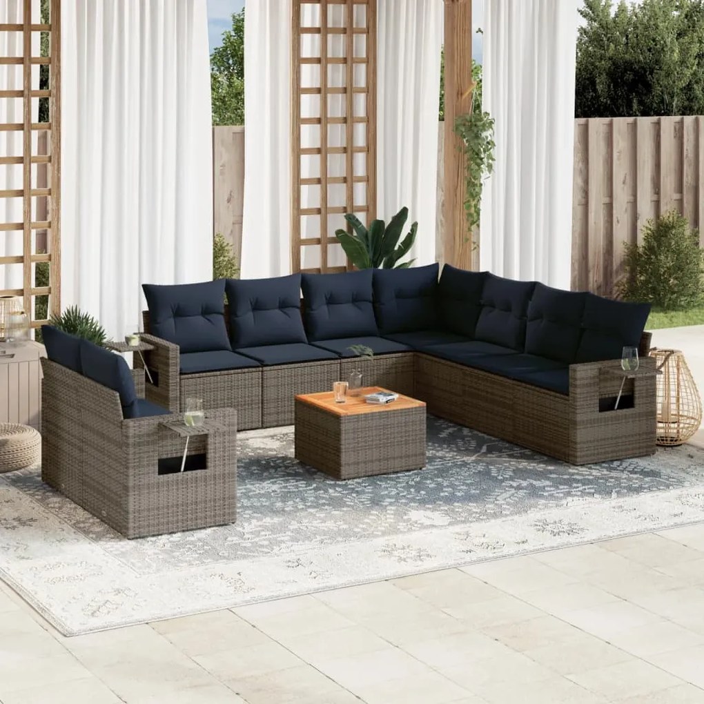 vidaXL 10 pcs conjunto sofás p/ jardim c/ almofadões vime PE cinzento