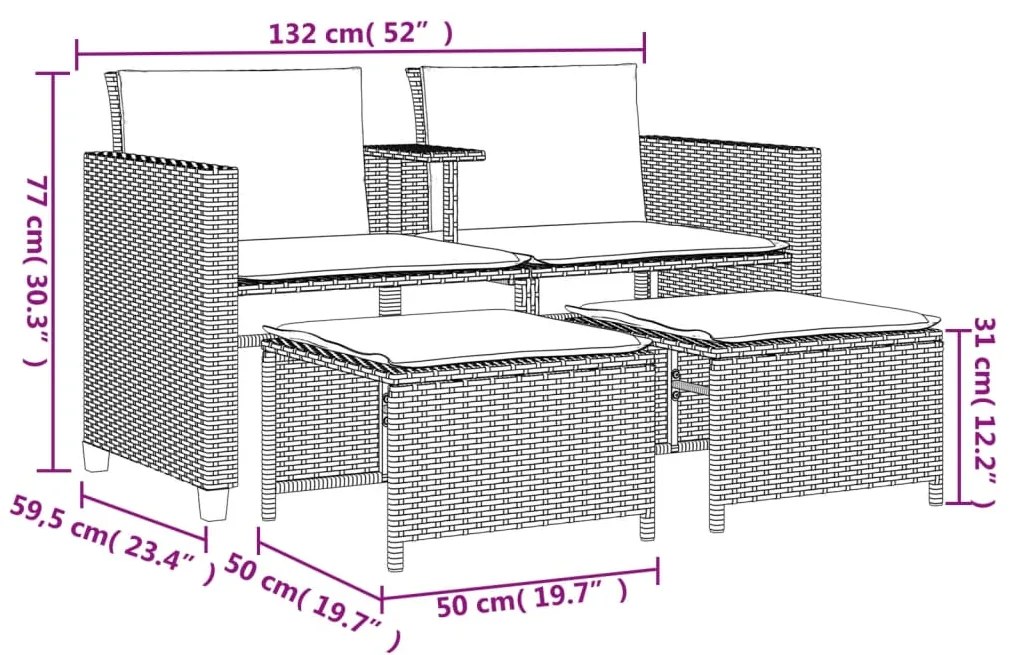 Sofá de jardim de 2 lugares com mesa e bancos vime PE preto