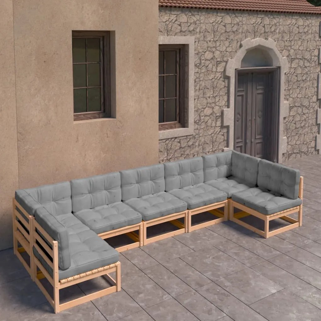 vidaXL 7 pcs conjunto lounge de jardim c/ almofadões pinho maciço