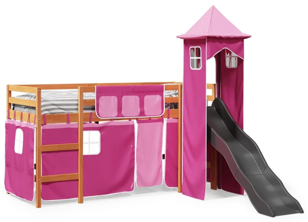 Cama alta para criança com torre 90x200 cm pinho maciço rosa