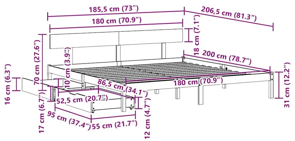 Cama sem colchão 180x200 cm madeira de pinho maciça branco