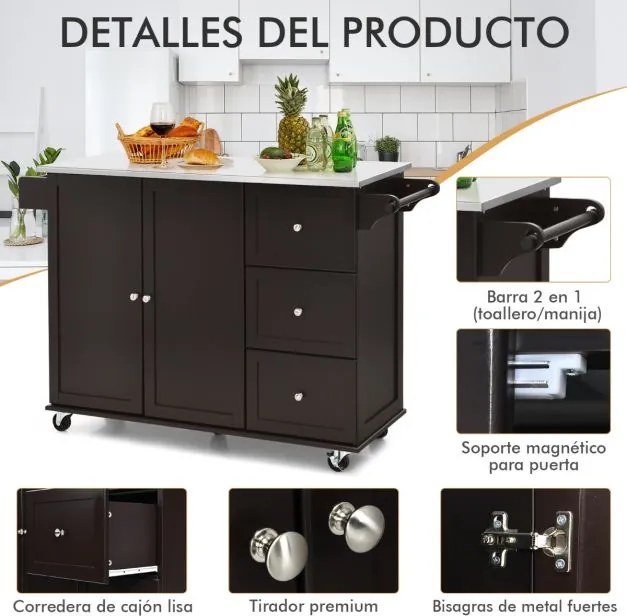 Carrinho de ilha de cozinha com bancada em aço inoxidável Estantes ajustáveis Gavetas 135 x 45,5 x 91,5 cm Castanho