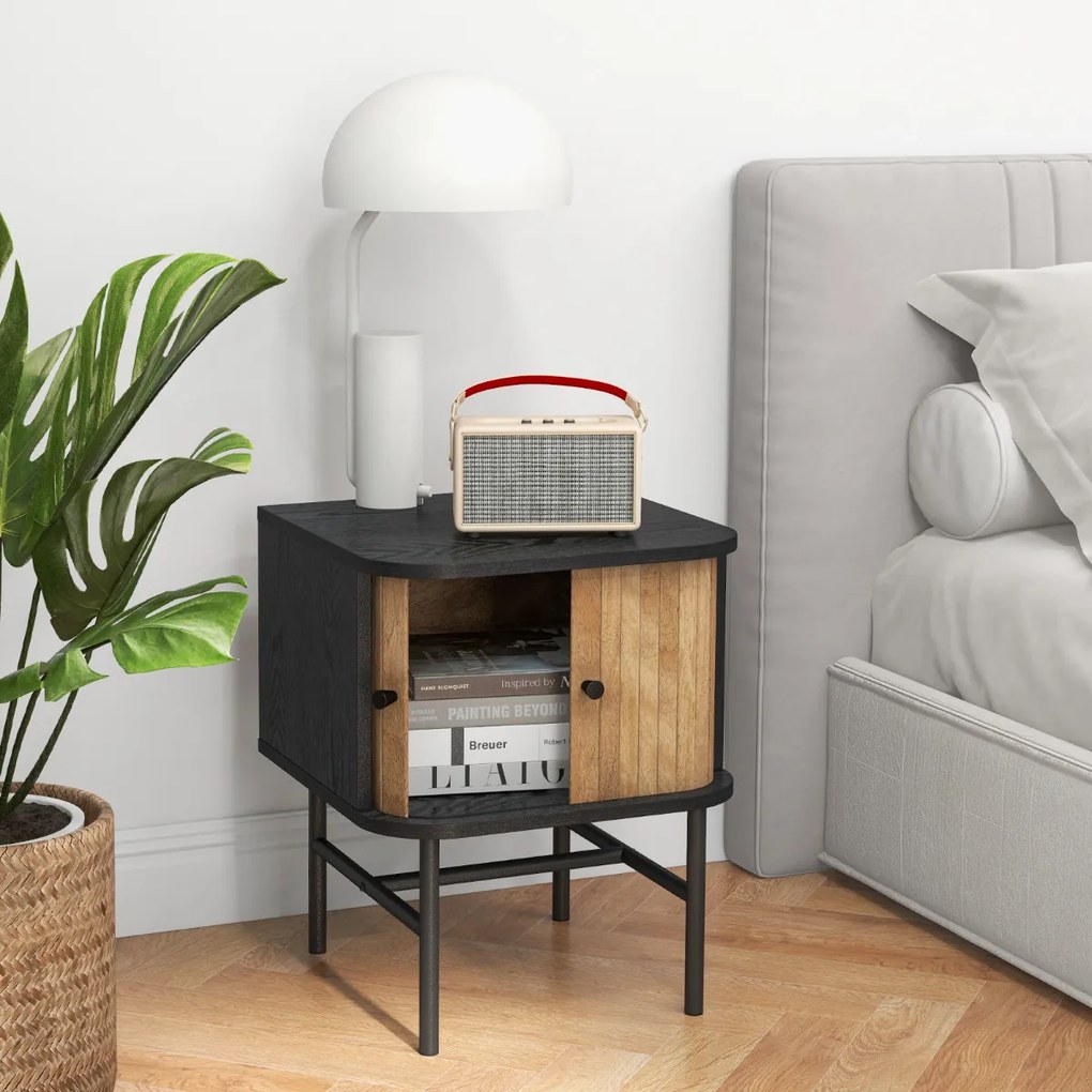 Mesa de cabeceira ou de mesa de apoio com portas de correr com armário de arrumação Pés de metal 40 x 39 x 49 cm Preto