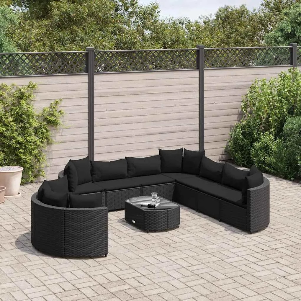 vidaXL 10 pcs conjunto sofás de jardim c/ almofadões vime PE preto