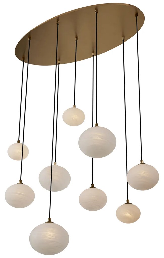 Candeeiro suspenso Art Deco dourado com vidro opalino 9 luzes - Yani Art Deco