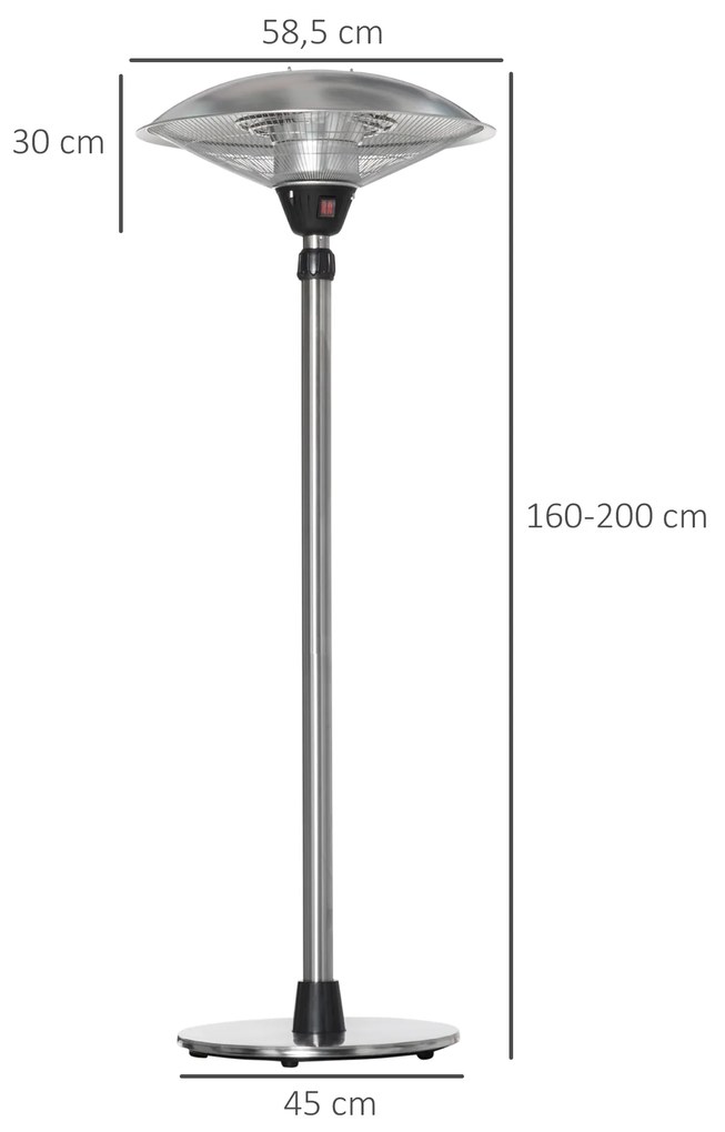 Outsunny Aquecedor de Jardim Elétrico 3000W Aquecedor Infravermelho com 3 Níveis de Aquecimento Altura Ajustável Proteção IP44 para Terraço Pátio Ø58,5x160-200cm Prata