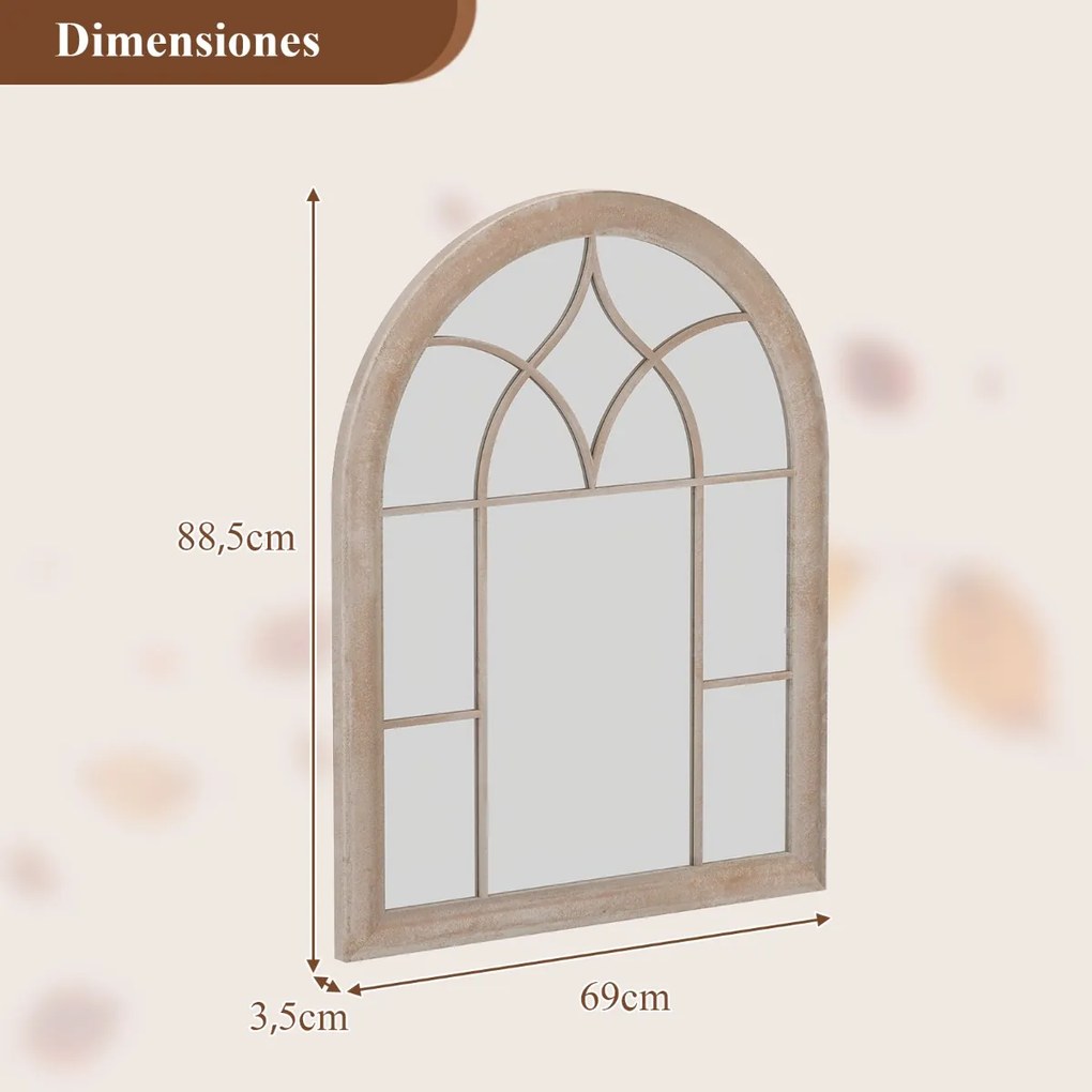 Espelho de painel de janela estilo rústico arqueado 88,5 x 69 x 3,5 cm e montado na parede com moldura metálica cinza