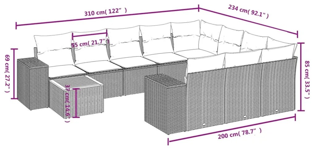 11 pcs conjunto sofás de jardim c/ almofadões vime PE preto