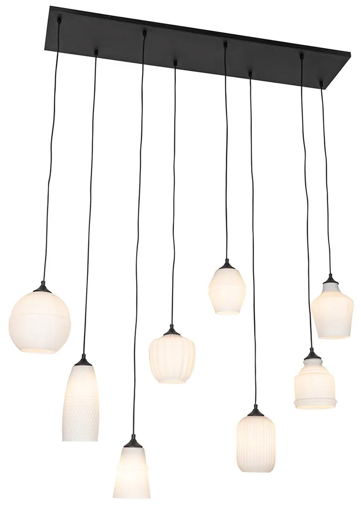 Candeeiro de suspensão Art Deco preto com vidro opalino 8 luzes - Hanne Art Deco