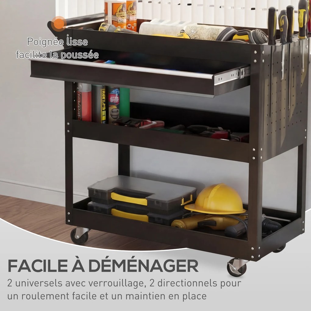Carrinho de oficina com 3 prateleiras, gaveta, suporte lateral para ferramentas e pega, 82 x 35 x 76 cm, preto