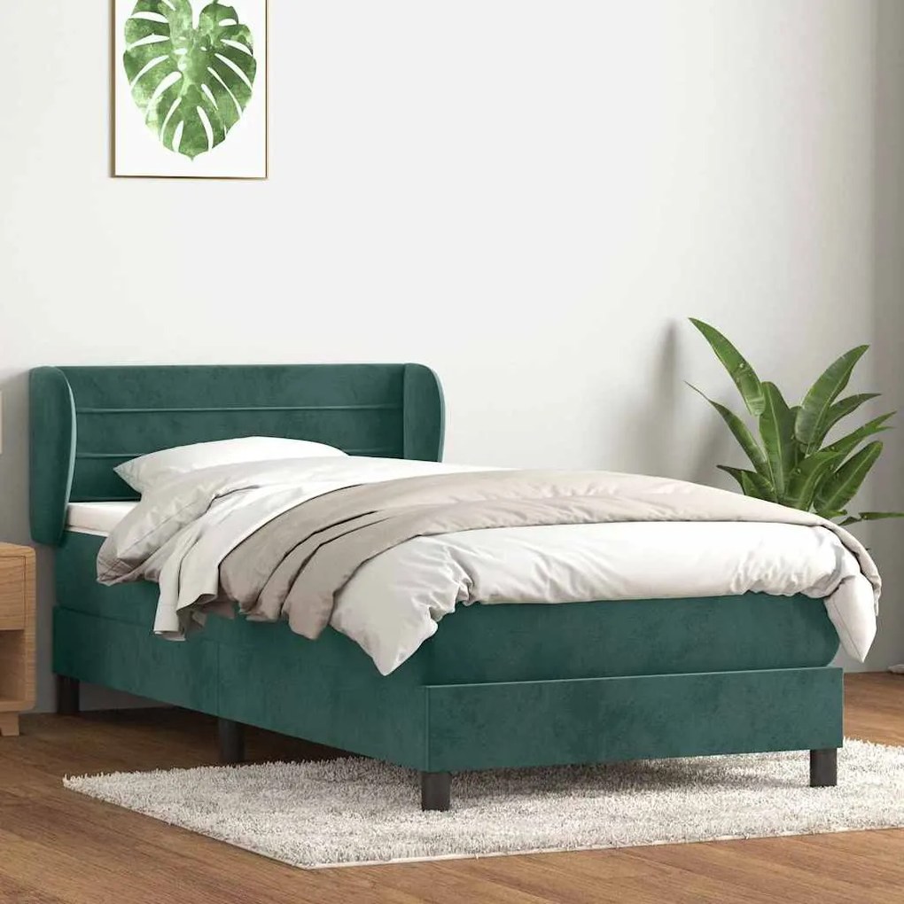 vidaXL Cama com molas/colchão 90x220 cm veludo verde-escuro